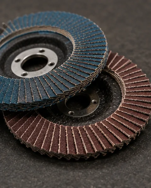 Close-up of blue and brown abrasive flap discs