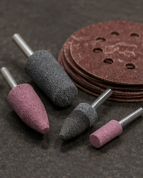 Close-up of mounted grinding stones and sanding discs