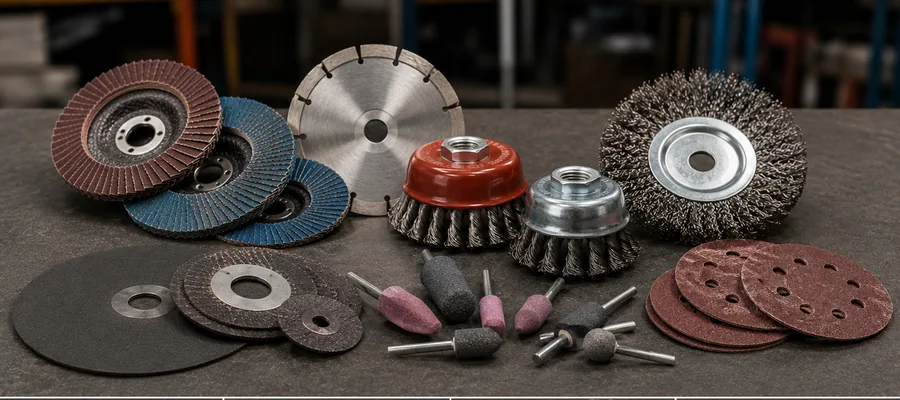 Cutting discs, flap discs, wire brushes, grinding stones and sanding discs