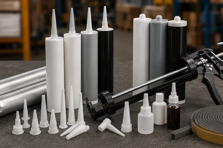 Sealant cartridges, construction adhesives, caulking gun, nozzles and sealing tape