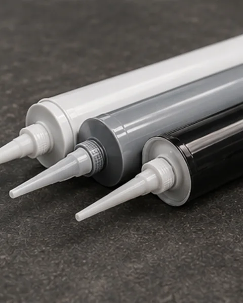 Close-up of construction adhesive and sealant cartridges with nozzles