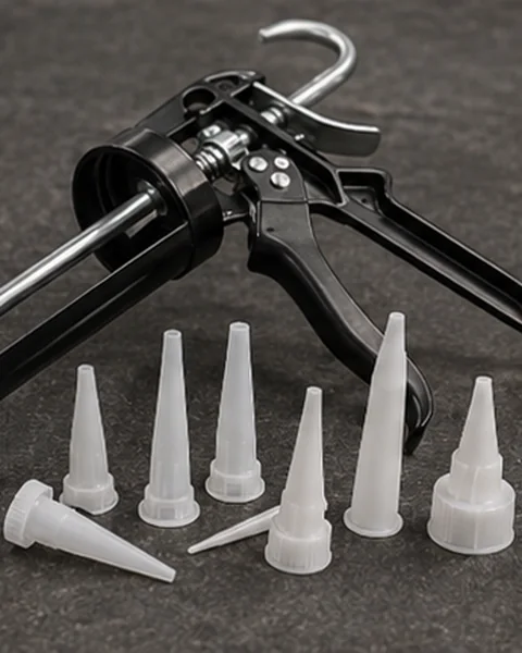 Close-up of a caulking gun and interchangeable applicator nozzles