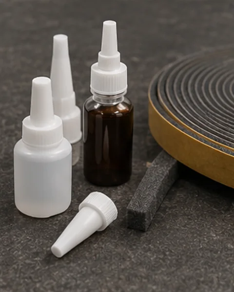 Close-up of small adhesive bottles, nozzle tips and foam sealing tape