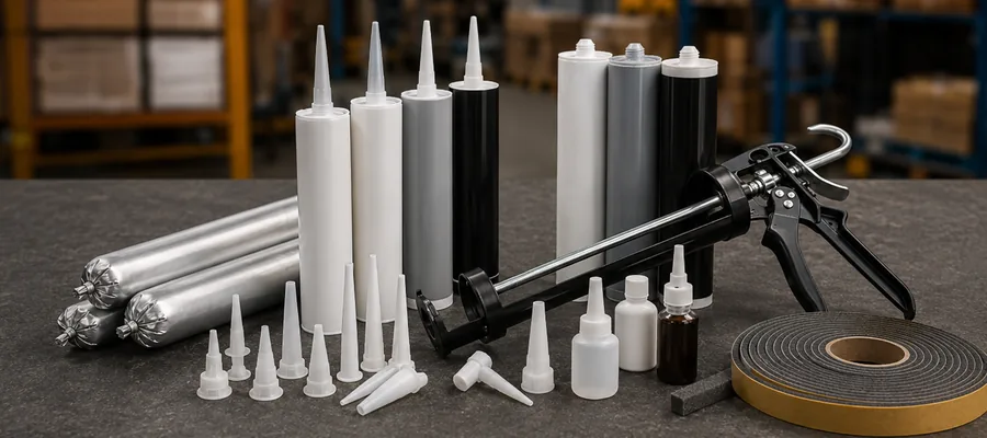 Sealant cartridges, construction adhesives, caulking gun, nozzles and sealing tape