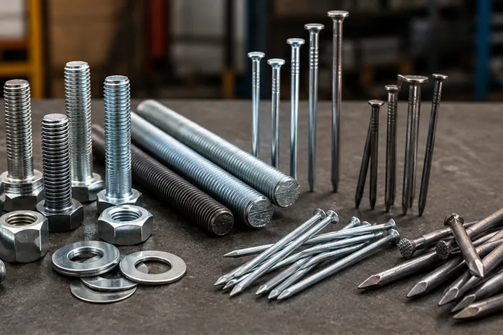 Bolts, nuts, washers, threaded rods and wire nails arranged on an industrial workbench