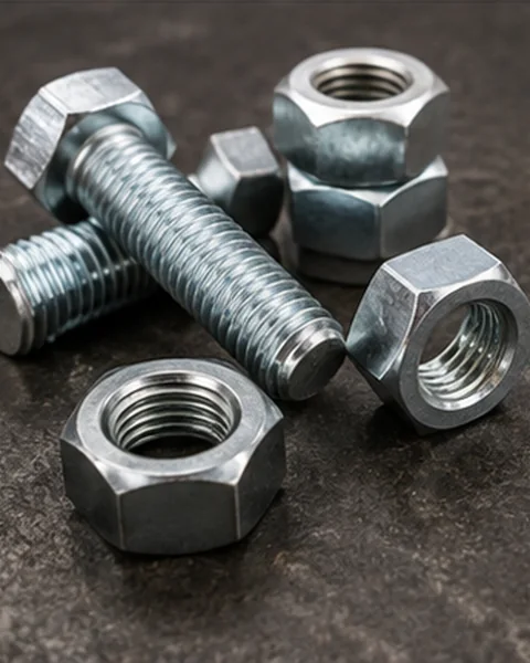 Close-up of galvanized hex bolts and matching hex nuts