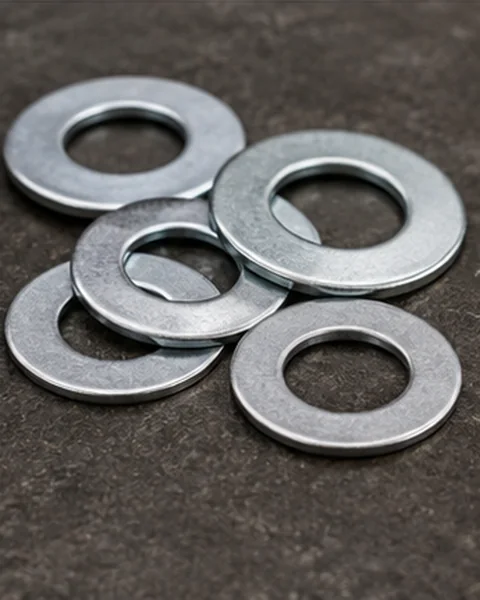 Close-up of galvanized flat washers in different sizes