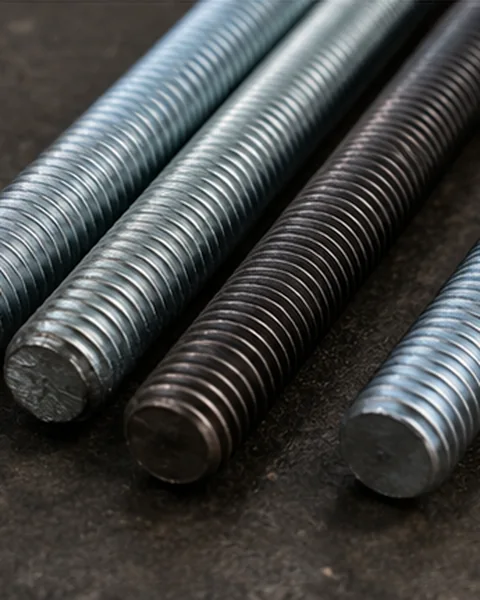Close-up of galvanized and black threaded rods