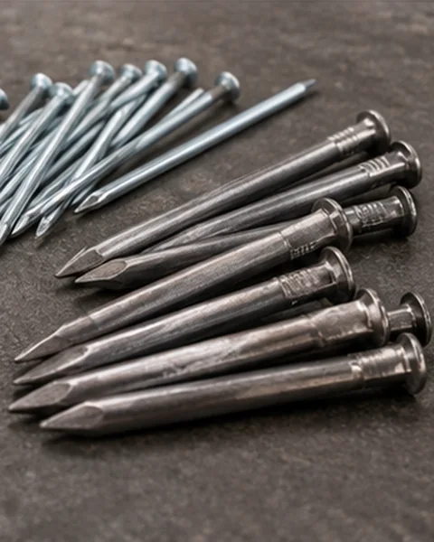 Close-up of common wire nails and heavy-duty masonry nails