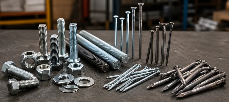 Bolts, nuts, washers, threaded rods and wire nails arranged on an industrial workbench