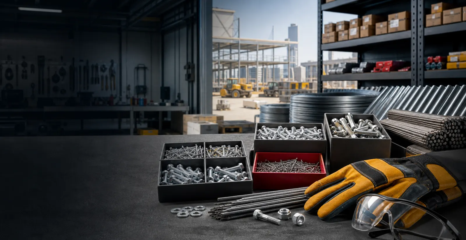 Industrial fasteners, nails and safety equipment in a workshop and construction supply setting