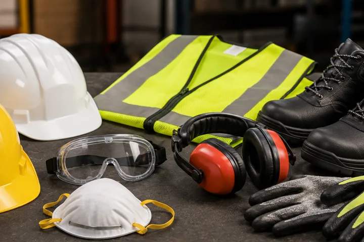 Safety helmets, high-visibility vest, gloves, goggles, earmuffs and safety boots
