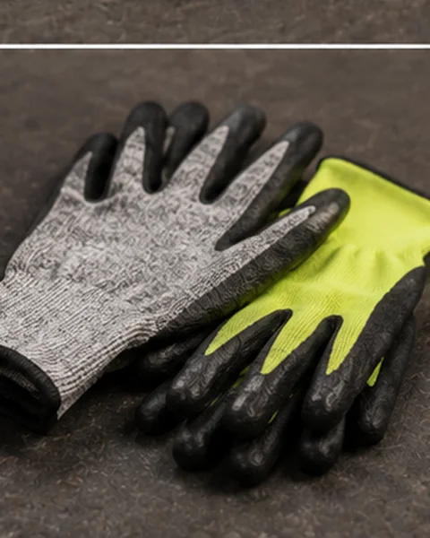 Close-up of coated work gloves for industrial and construction use