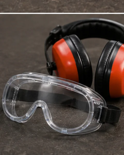 Close-up of clear safety goggles and hearing protection earmuffs