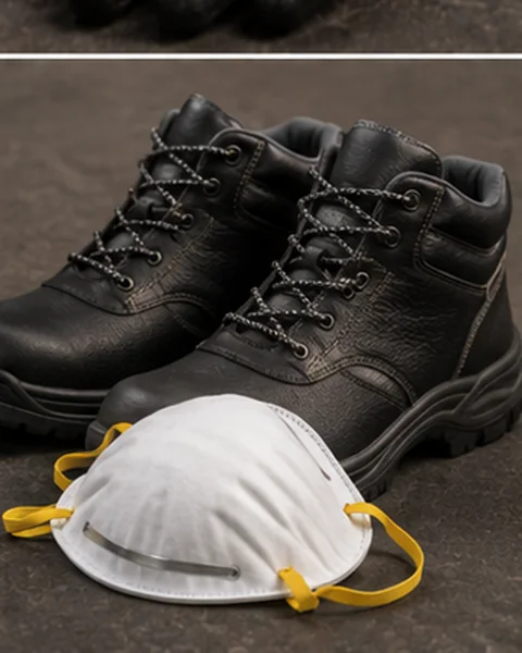 Close-up of safety boots and a disposable dust mask