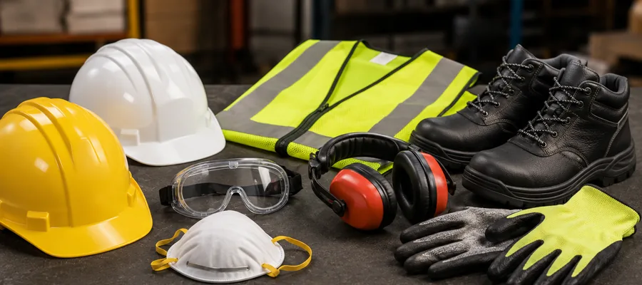 Safety helmets, high-visibility vest, gloves, goggles, earmuffs and safety boots
