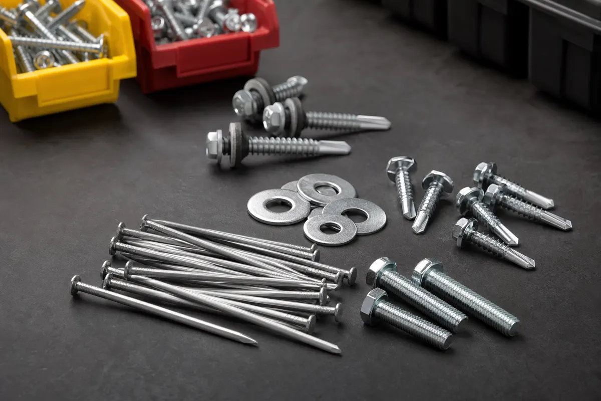 Common wire nails, roof fasteners, bolts and washers supplied by Fasten-It