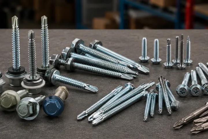 Roofing screws, self-drilling Tek screws and driver bits arranged on a workbench