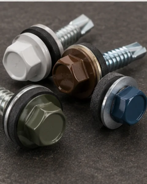 Close-up of colour-head roofing screws with bonded sealing washers