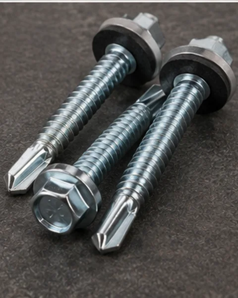 Close-up of long hex-head self-drilling screws with sealing washers