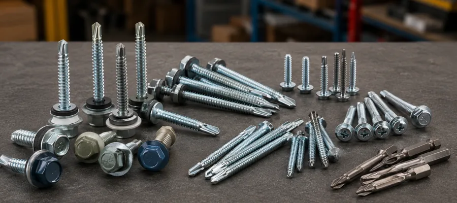 Roofing screws, self-drilling Tek screws and driver bits arranged on a workbench