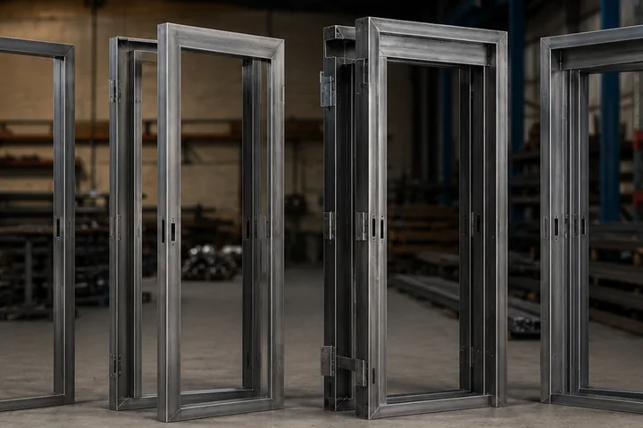 Fabricated steel doorframes displayed in an industrial workshop