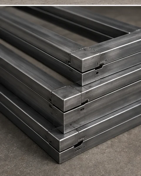 Close-up of fabricated steel doorframes stacked for project supply