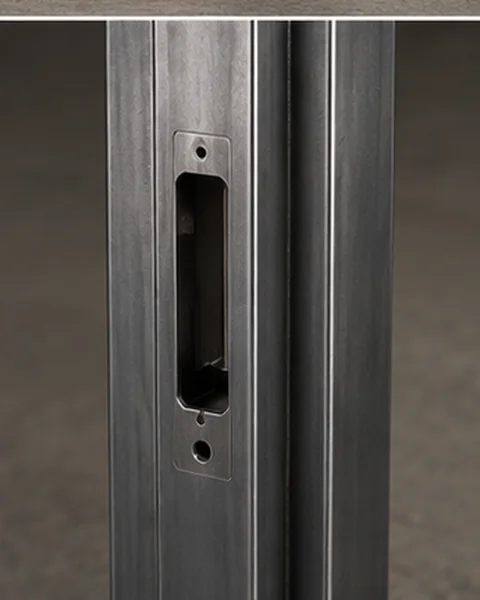 Close-up of a steel doorframe lock and strike cut-out