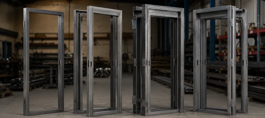 Fabricated steel doorframes displayed in an industrial workshop