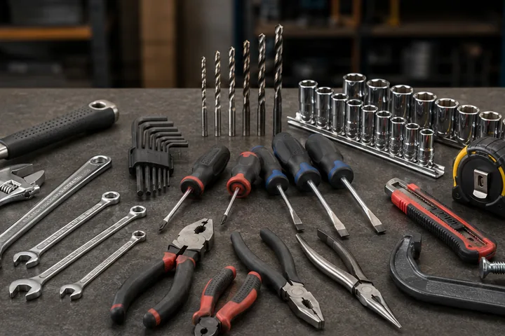 Spanners, pliers, screwdrivers, drill bits, sockets and workshop tools