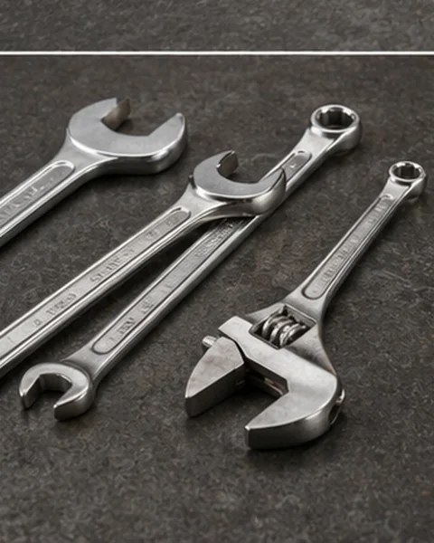 Close-up of combination spanners and an adjustable wrench