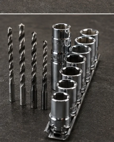 Close-up of drill bits and chrome socket-set components