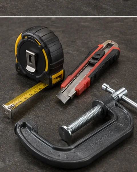 Close-up of a tape measure, utility knife and C-clamp