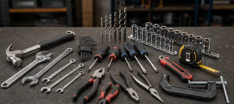 Spanners, pliers, screwdrivers, drill bits, sockets and workshop tools