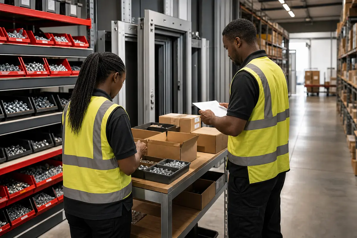 Industrial fastener stock being checked and prepared in a warehouse