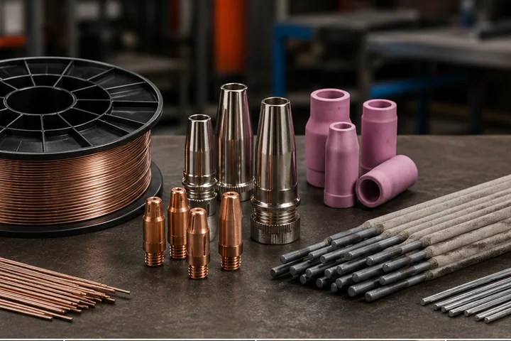 Welding wire, electrodes, filler rods, contact tips and nozzles on a workbench