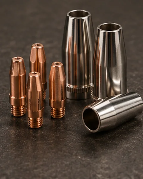 Close-up of welding contact tips and metal gas nozzles