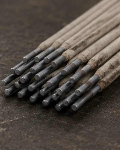 Close-up of coated welding electrodes arranged in a bundle