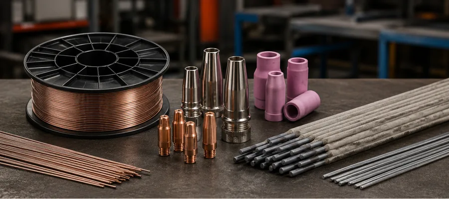Welding wire, electrodes, filler rods, contact tips and nozzles on a workbench